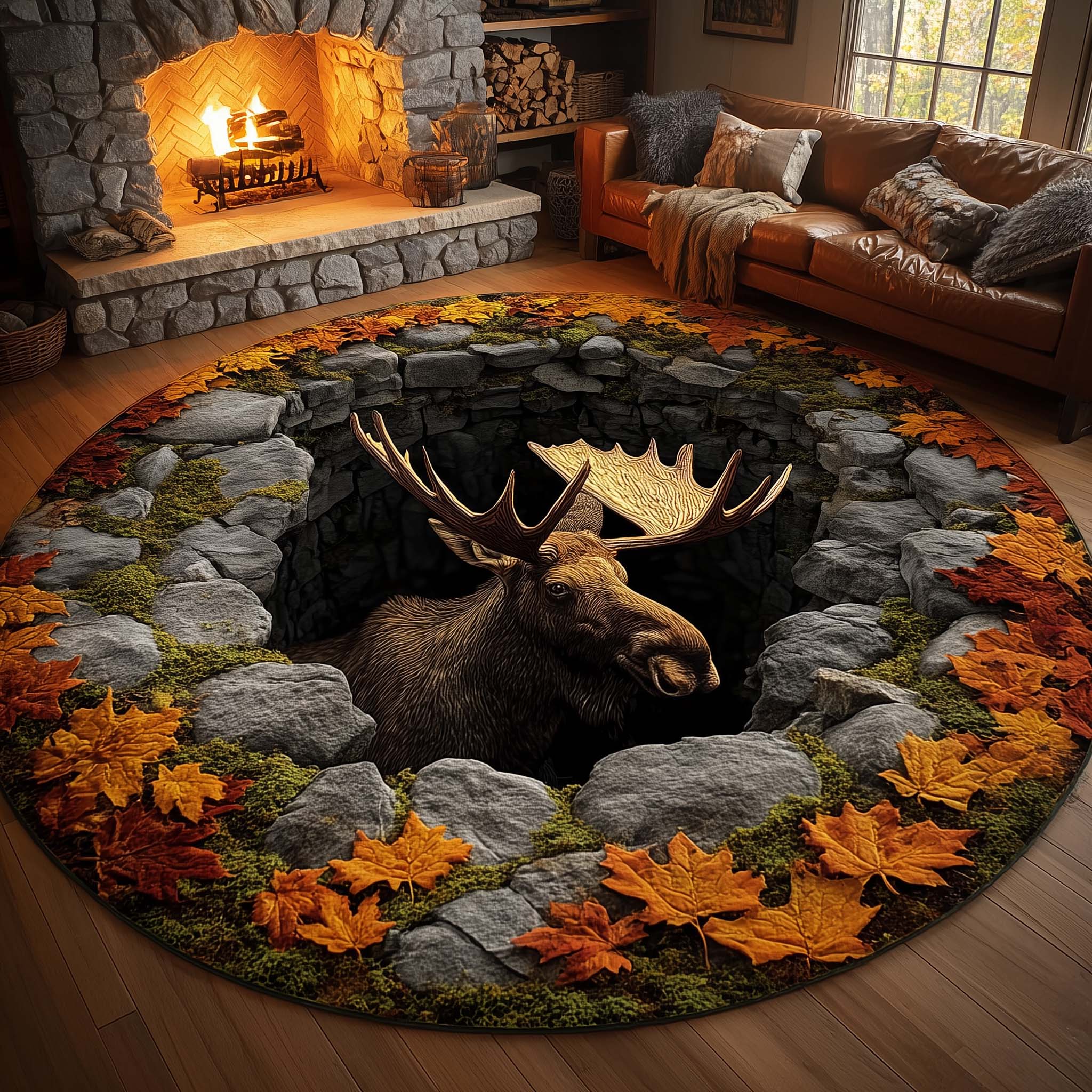 Mystic Autumn Moose Round Mat Rug GFTOHD11574