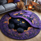 Mystic Black Cat Round Mat Rug - washable non-slip printed rug