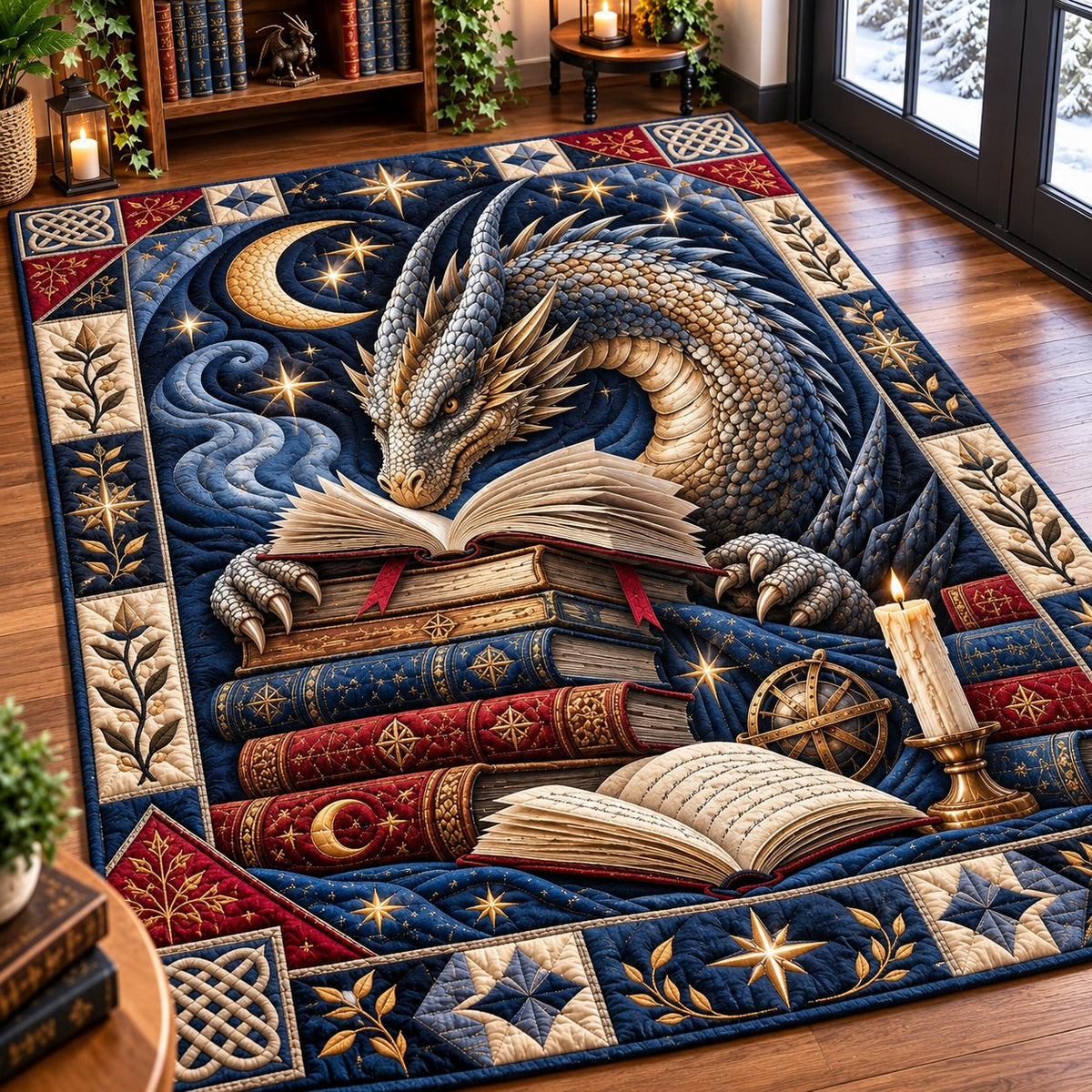 Mystic Dragon Book area rug in a living room