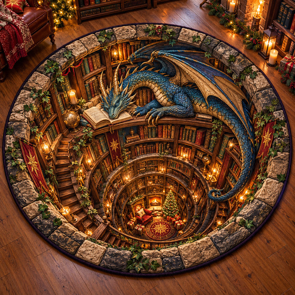 Mystic Dragon Book Vortex Round Mat Rug - Cute Animal Design | Charming Home Decor - washable non-slip printed rug