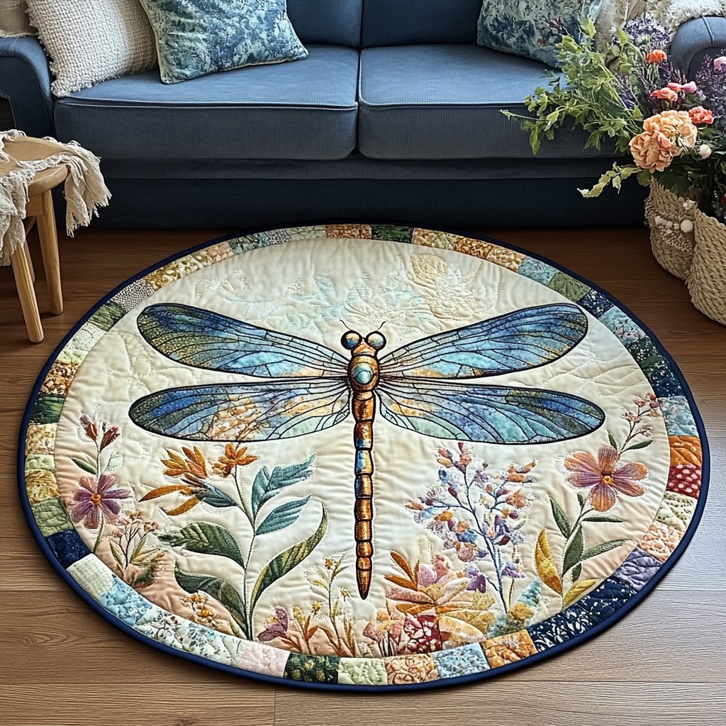 Mystic Garden Dragonfly Round Mat Rug - washable non-slip printed rug