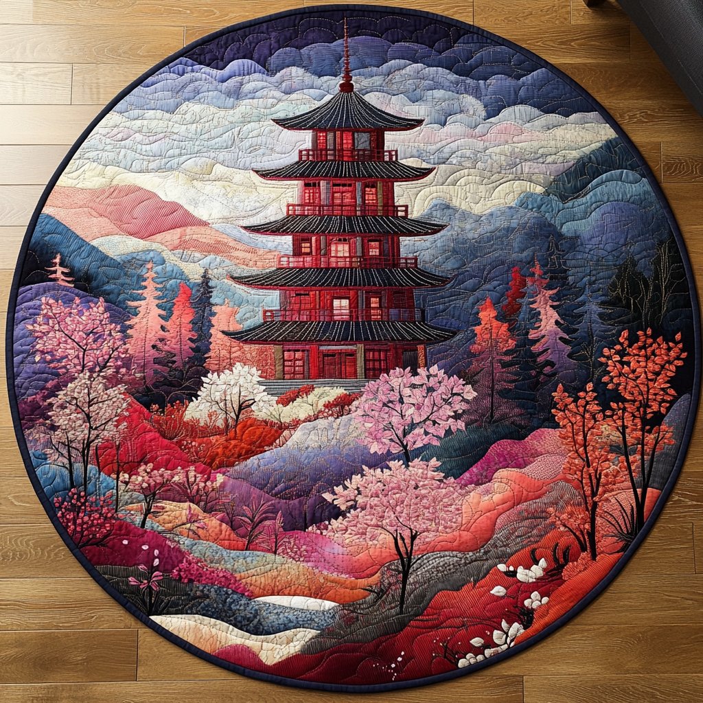 Mystic Japanese Pagoda Round Mat Rug - washable non-slip printed rug