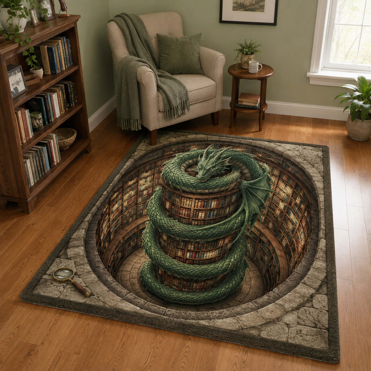 Mystic Library area rug in a living room