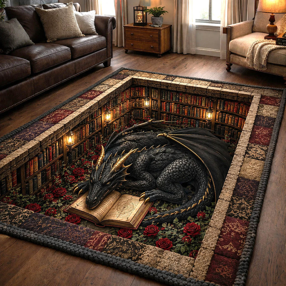 Mystic Library Guardian area rug in a living room