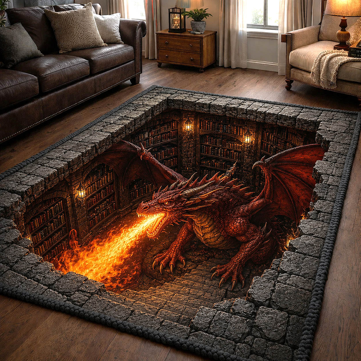 Mystic Library Guardian area rug in a living room