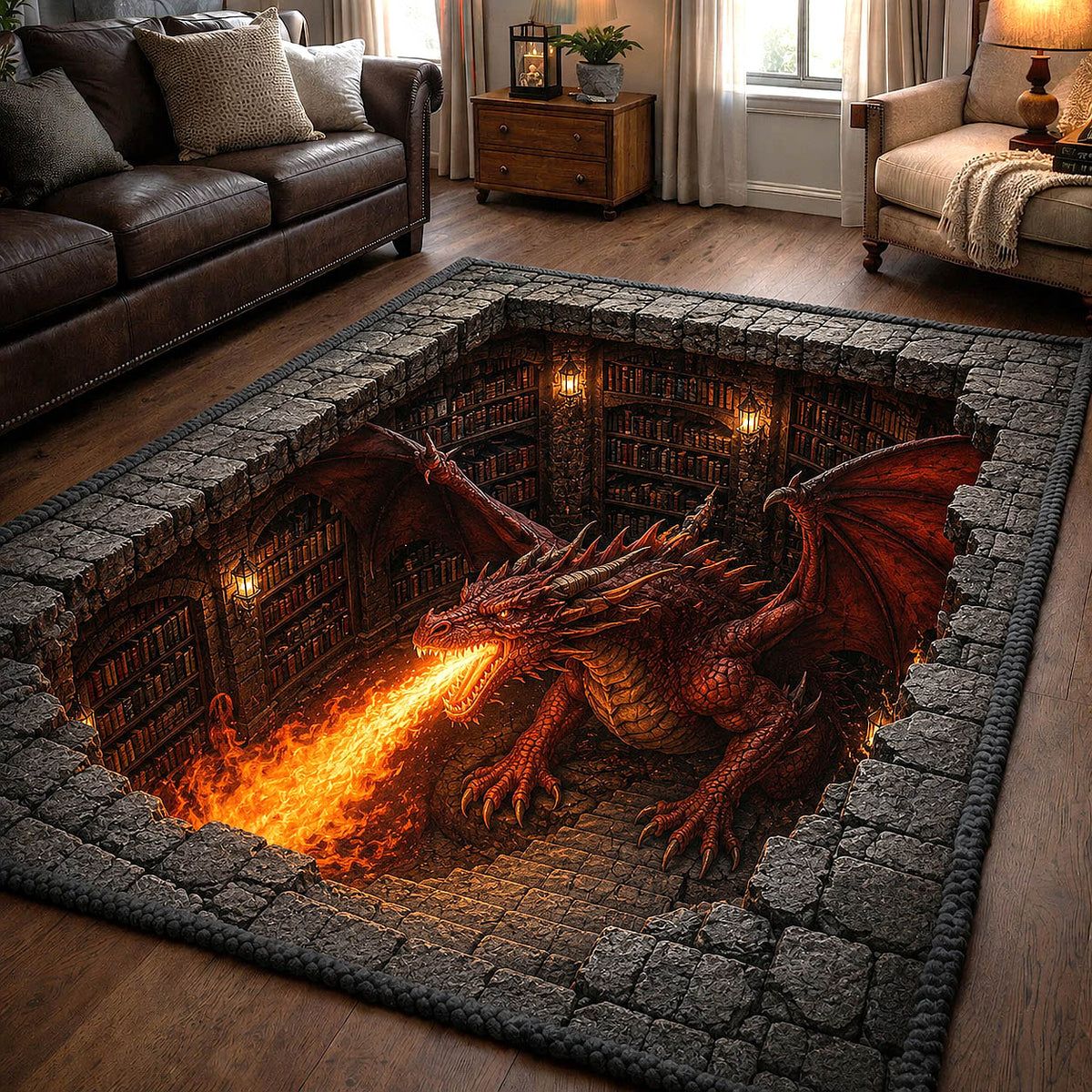 Mystic Library Guardian area rug in a living room