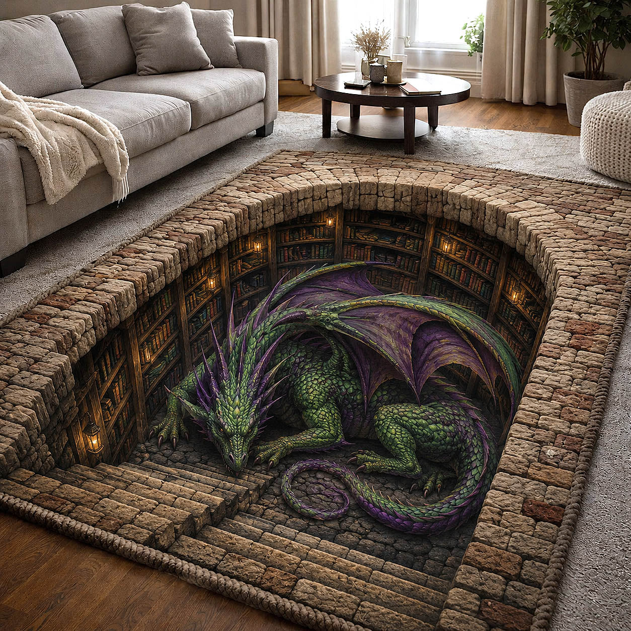 Mystic Library Guardian area rug in a living room