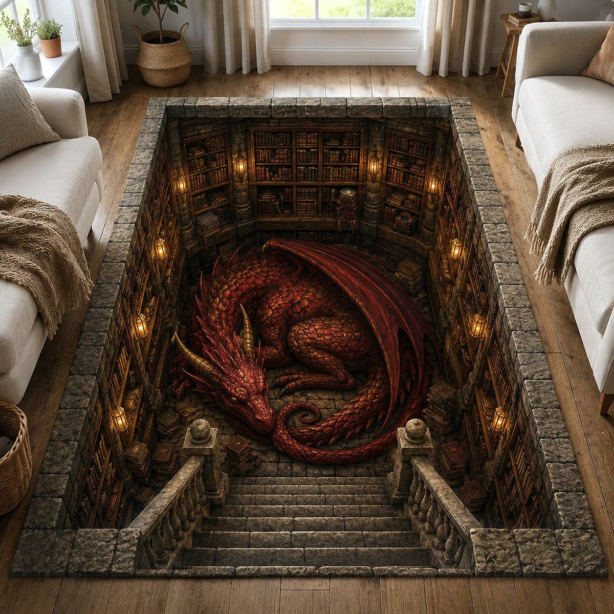 Mystic Library Guardian area rug in a living room