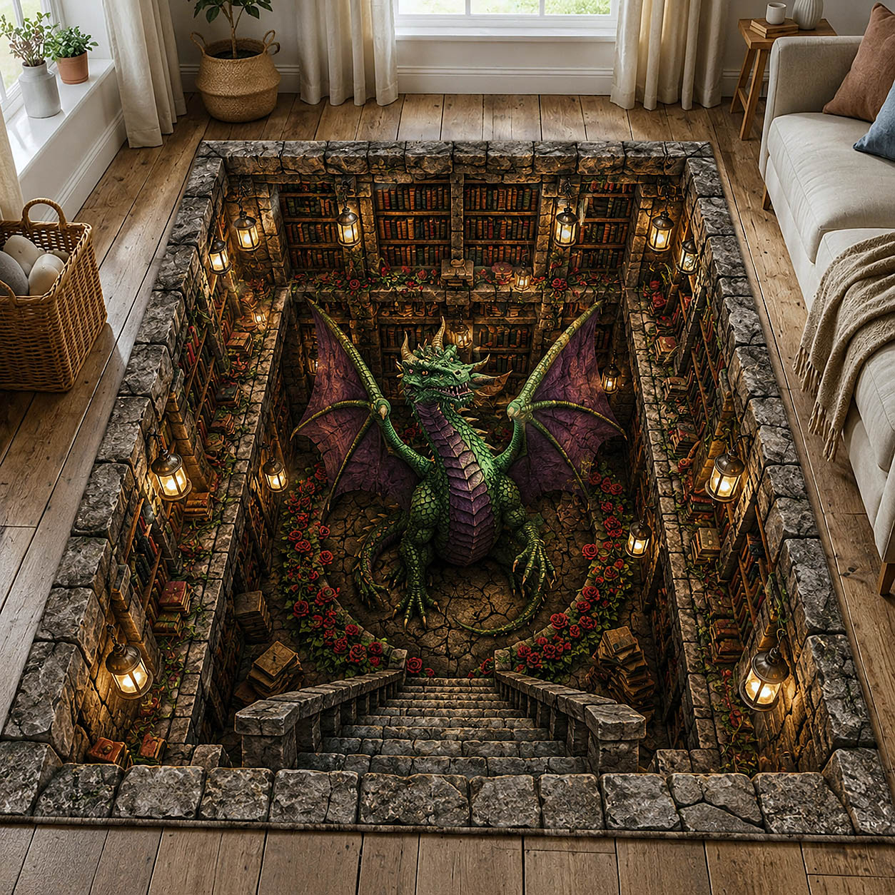 Mystic Library Guardian area rug in a living room