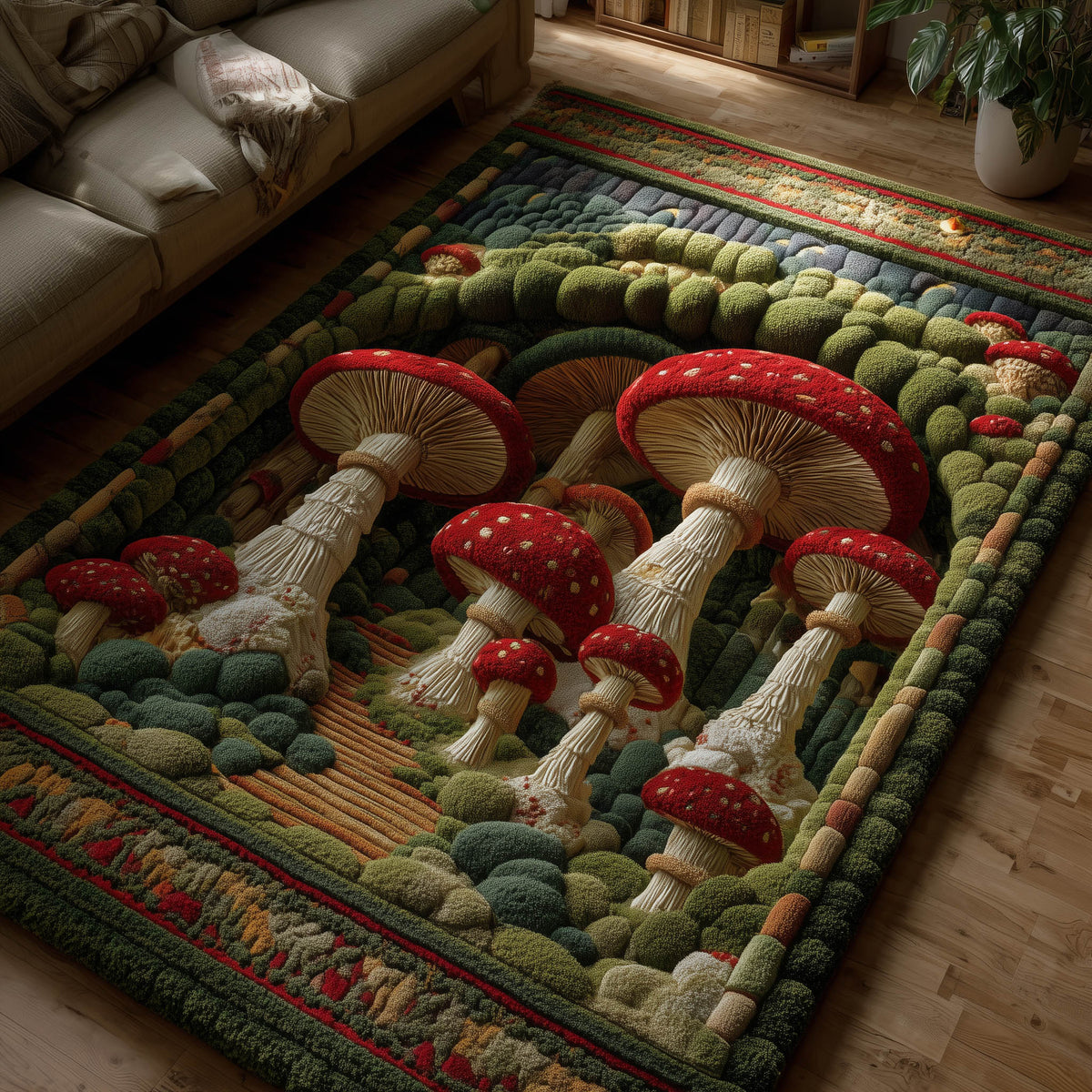 Mystic Mushroom area rug in a living room