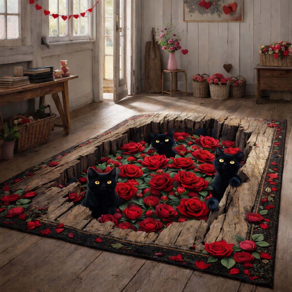 Mystic Rose Cats area rug in a living room