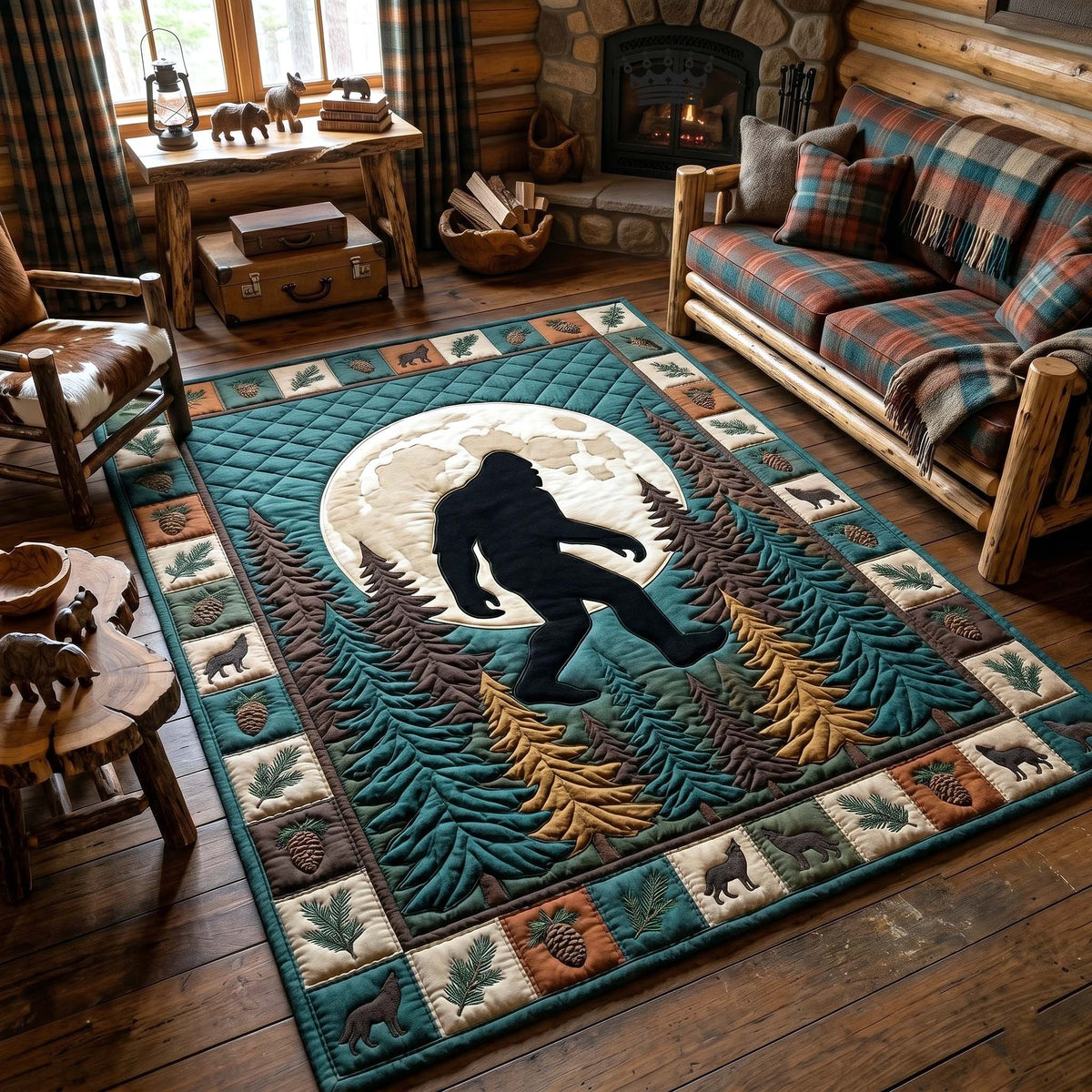 Mystic Sasquatch area rug in a living room