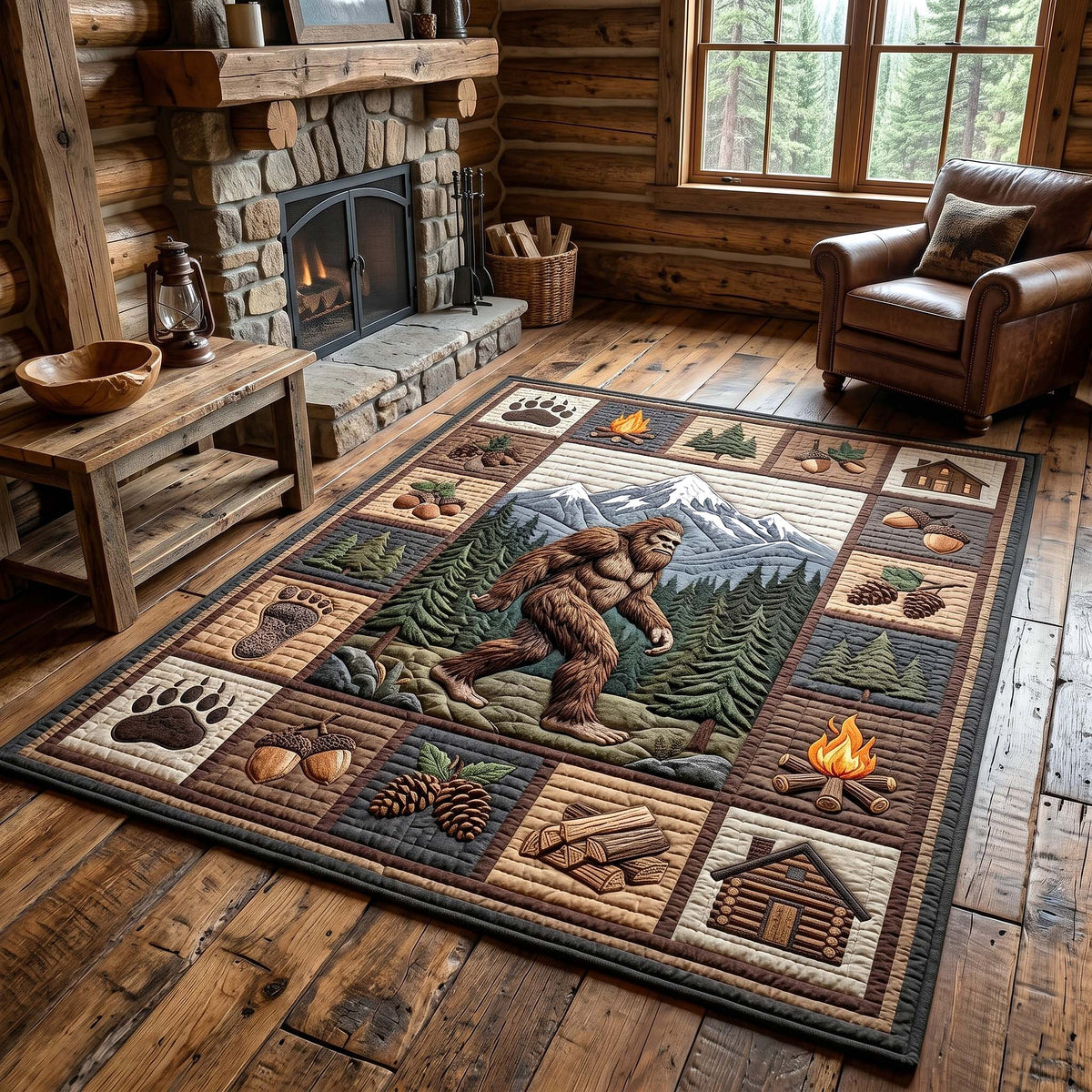 Mystic Sasquatch area rug in a living room