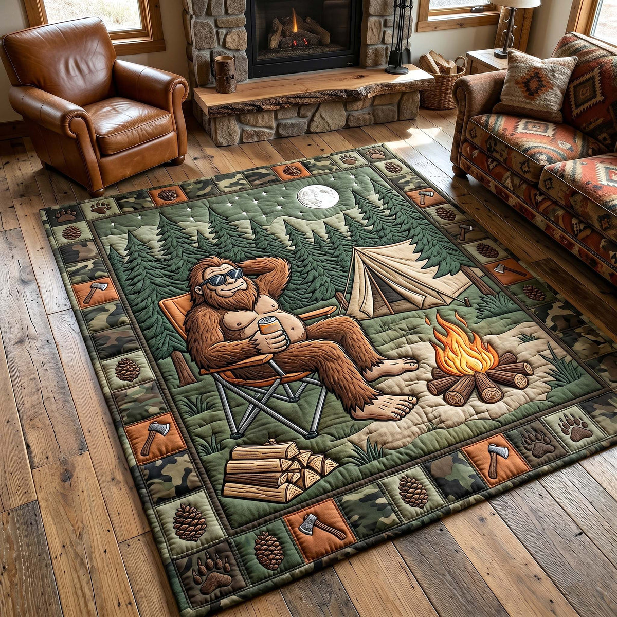 Mystic Sasquatch area rug in a living room