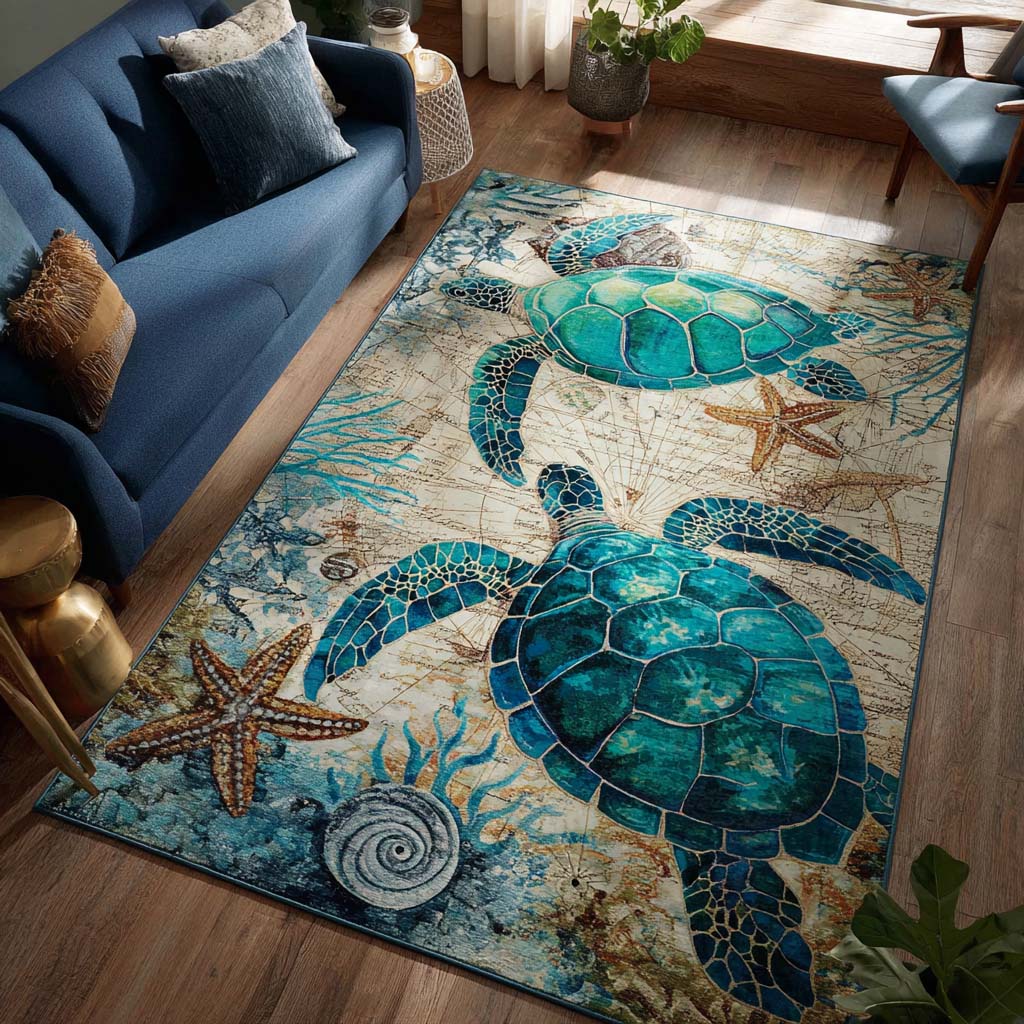 Mystic Turtle area rug in a living room