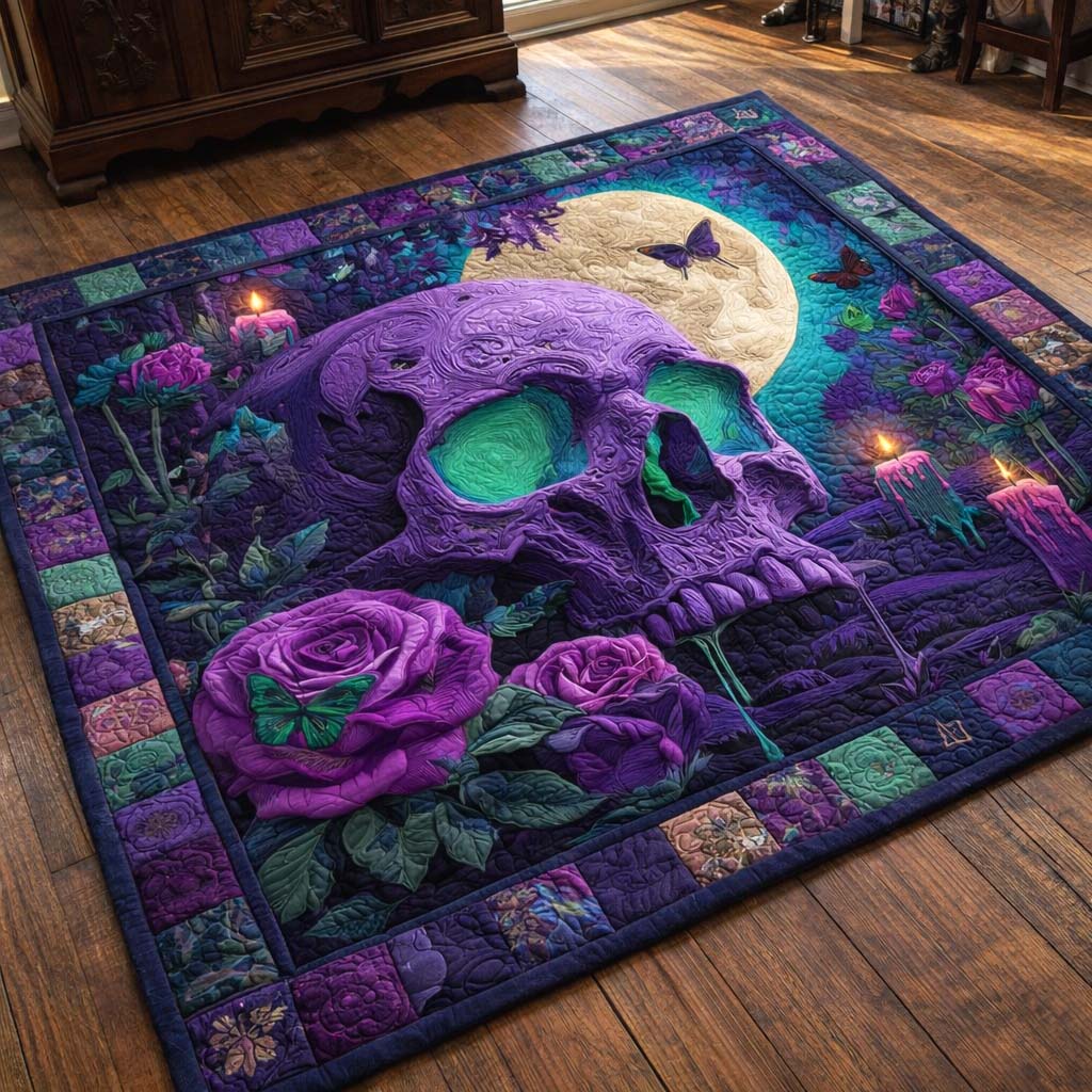 Mystic Violet Skull area rug in a living room