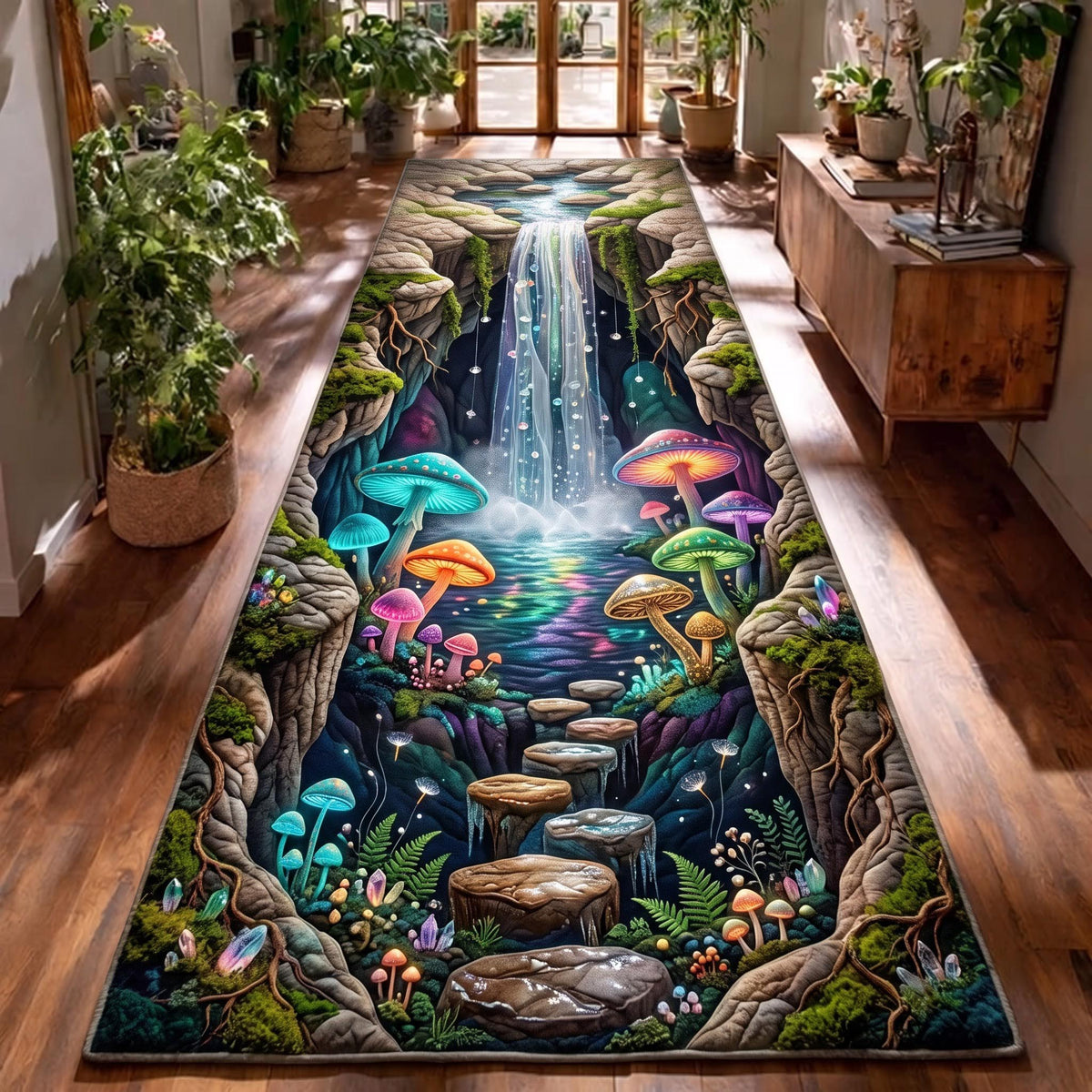 Mystic Waterfall Runner Rug - Nature Design | Serene Runner Rug - washable non-slip printed rug
