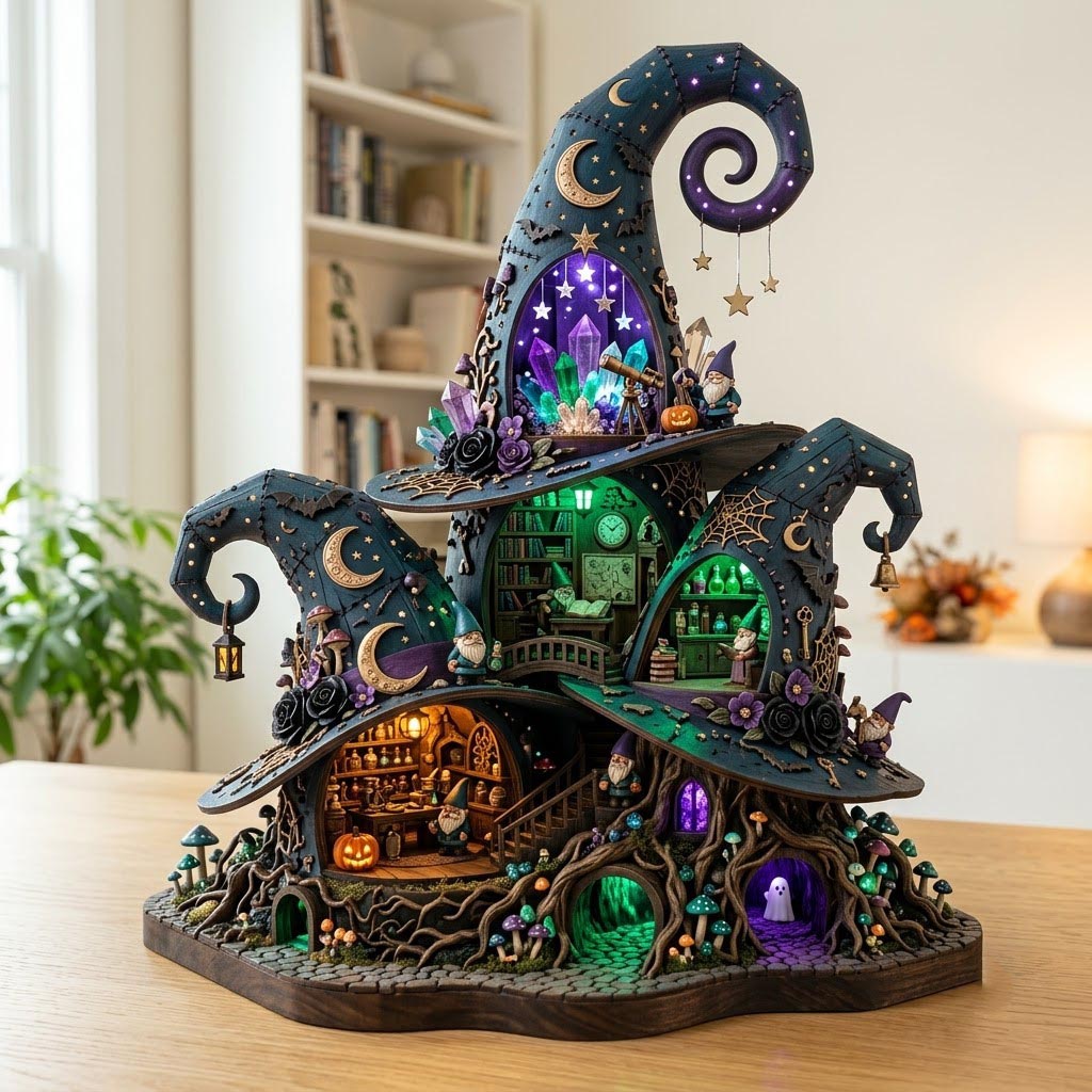 Mystic Witch Gnome wooden block, laser-cut 3-layer wood