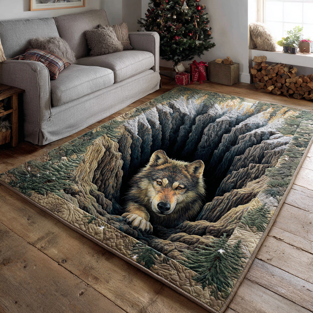 Mystic Wolf Crevice area rug in a living room