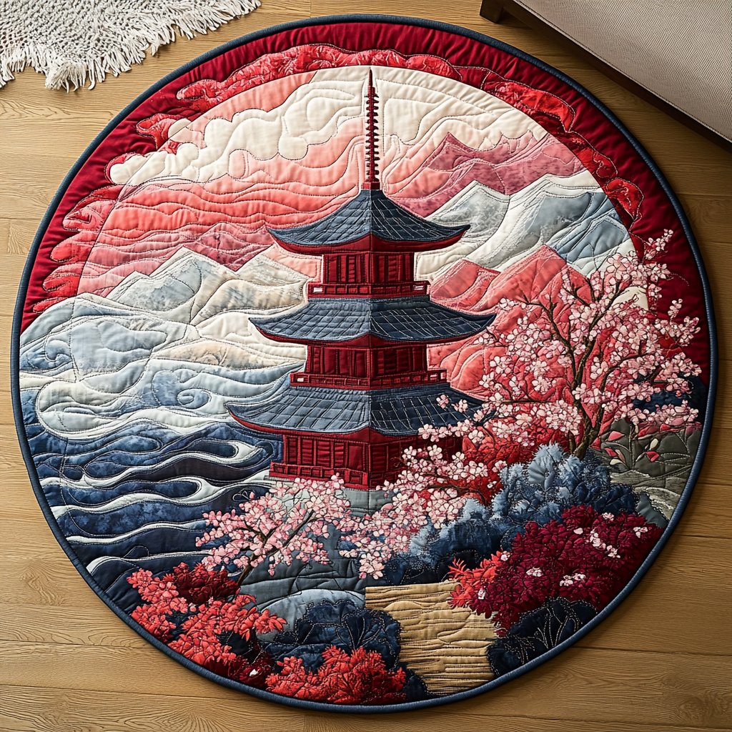Mythic Japanese Pagoda Round Mat Rug - washable non-slip printed rug