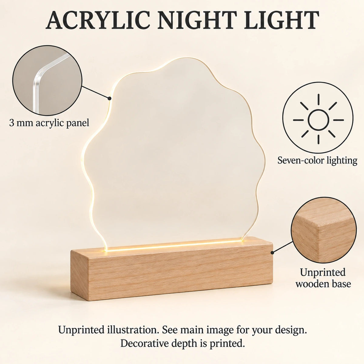 Acrylic Night Light features guide: unprinted illustration; see main image for purchased design