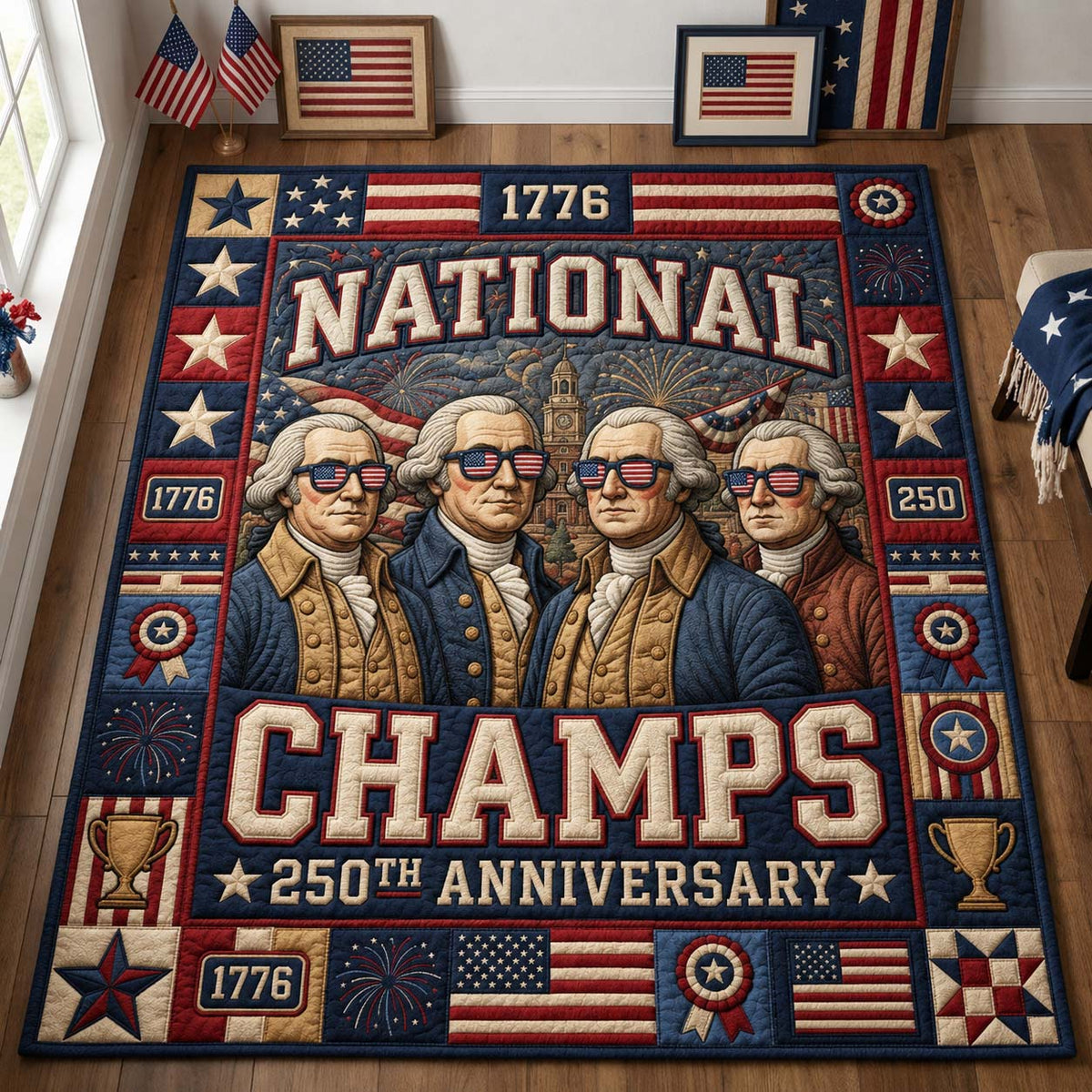 National Champs 250 area rug in a living room