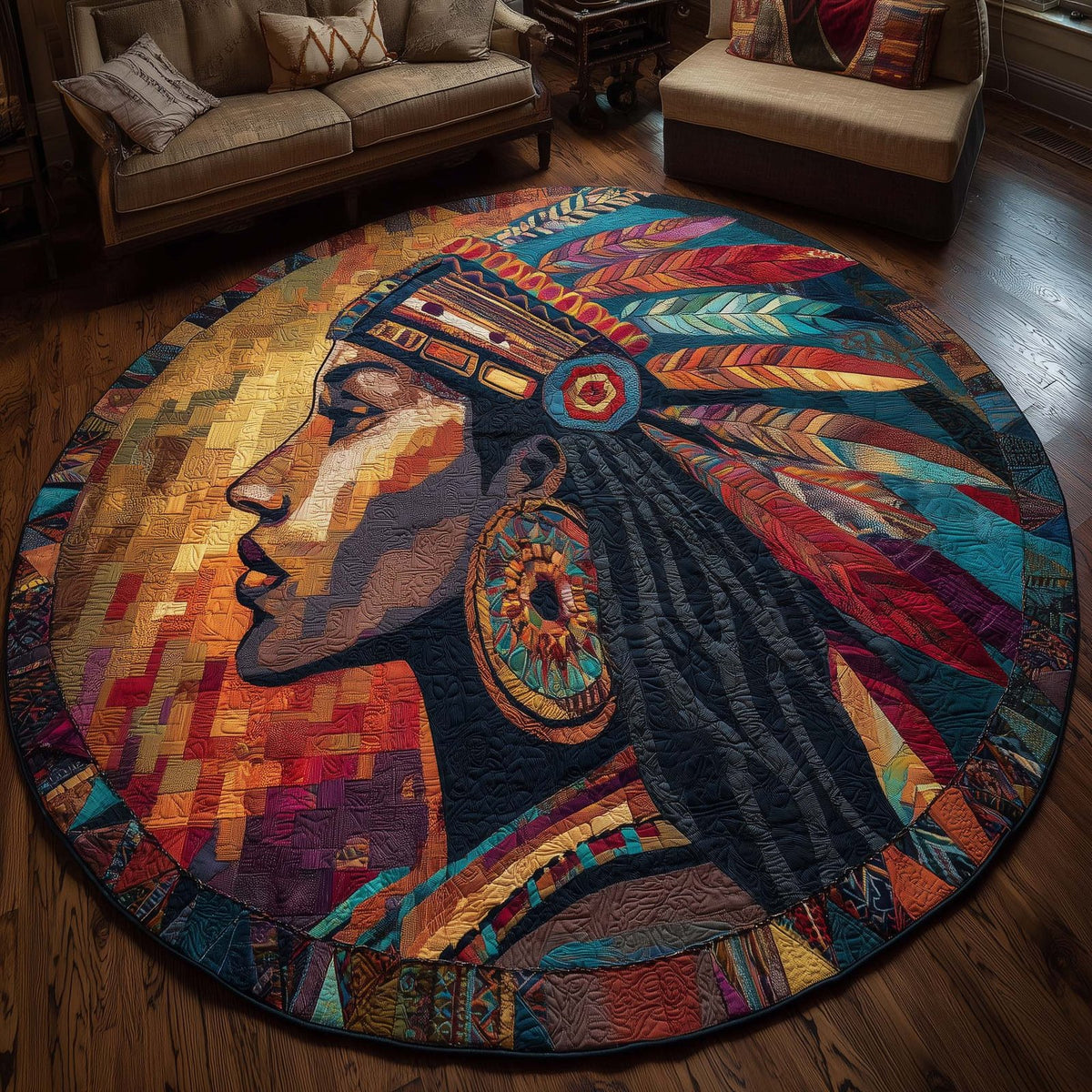 Native Queen Round Mat Rug - washable non-slip printed rug