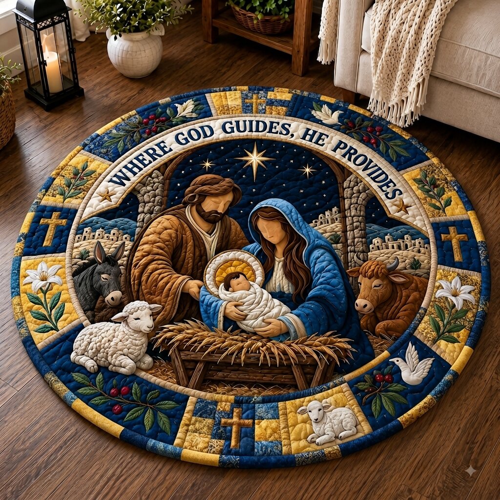 Nativity Grace Round Mat Rug - Nature Design | Serene Home Decor - washable non-slip printed rug