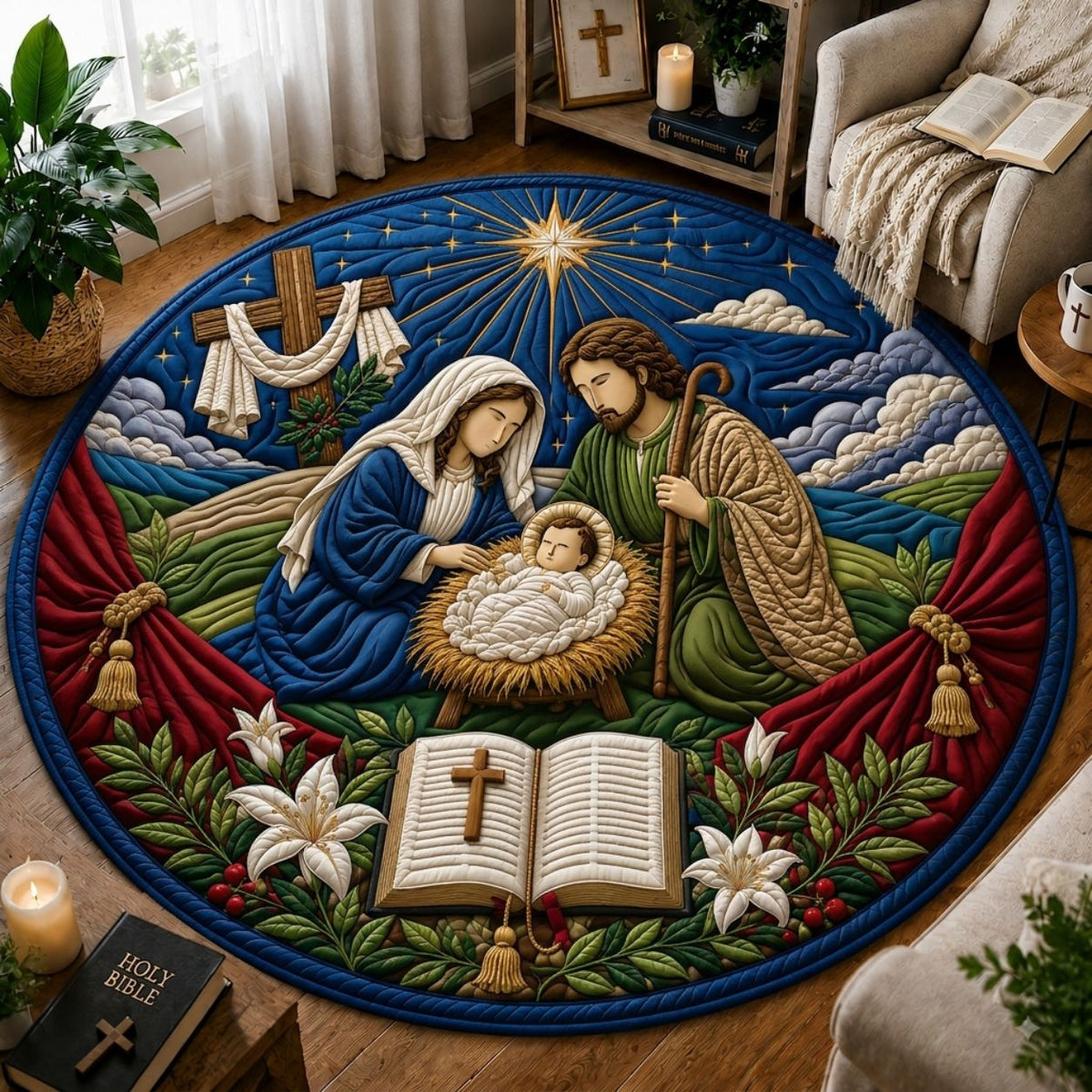 Nativity Hope Round Mat Rug - Nature Design | Serene Home Decor - washable non-slip printed rug