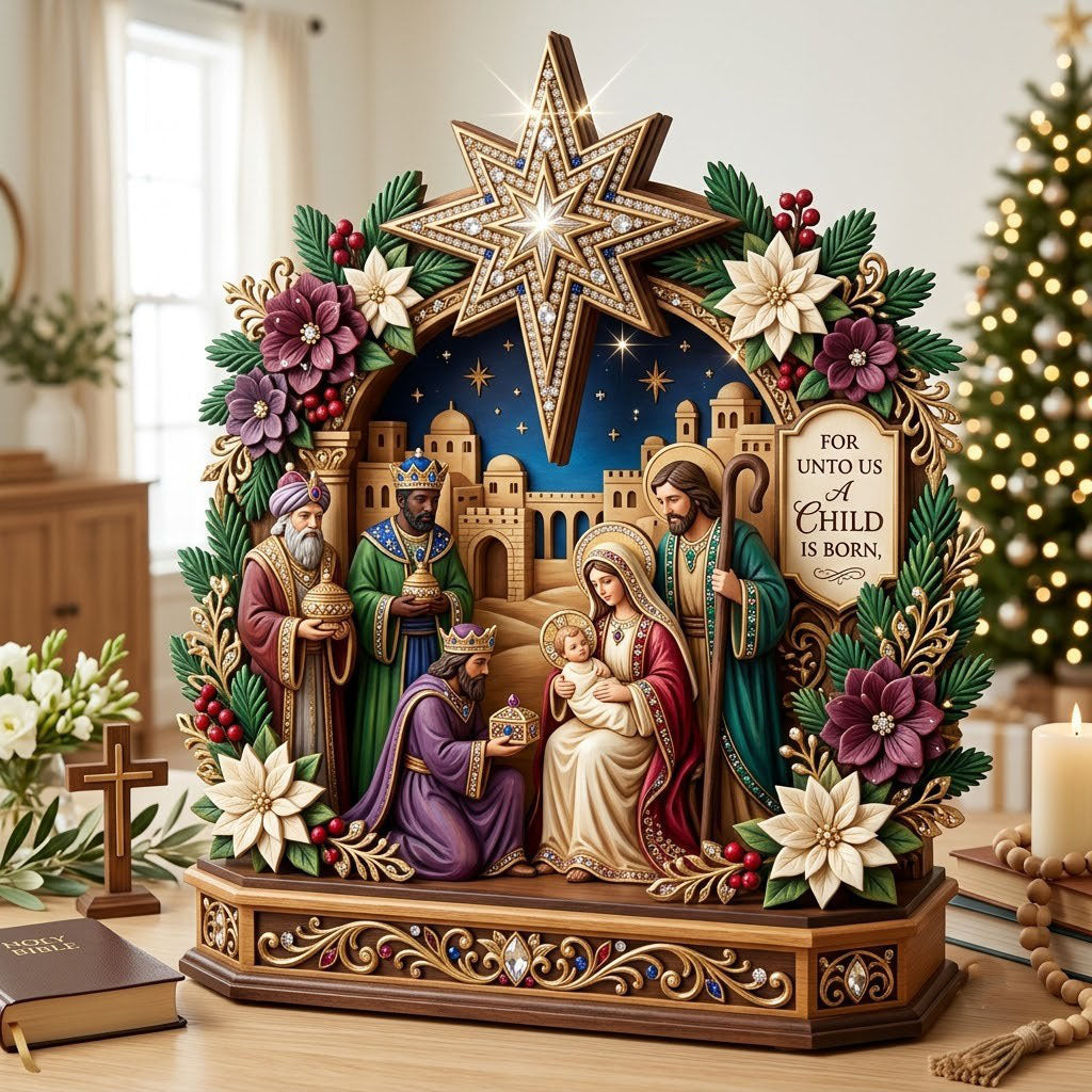 Nativity Scene wooden block, laser-cut 3-layer wood