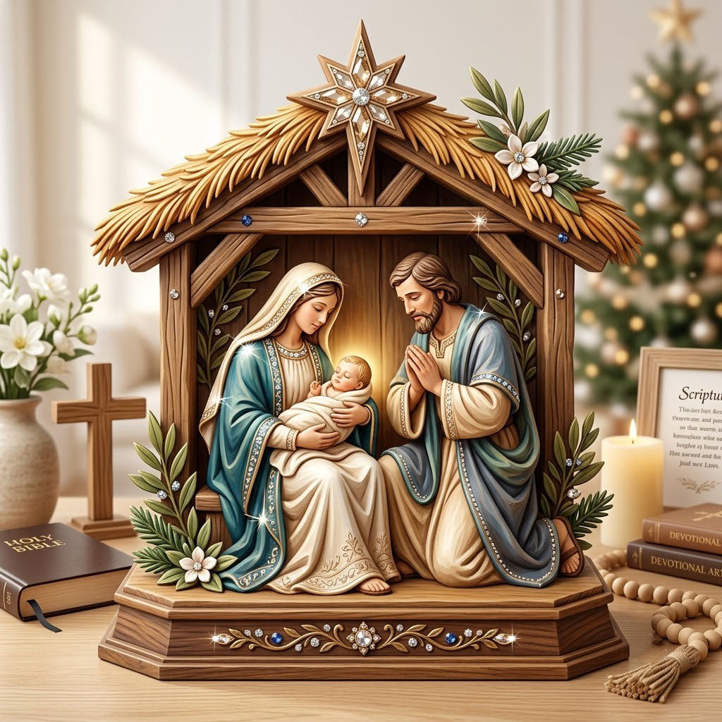 Nativity Scene wooden block, laser-cut 3-layer wood