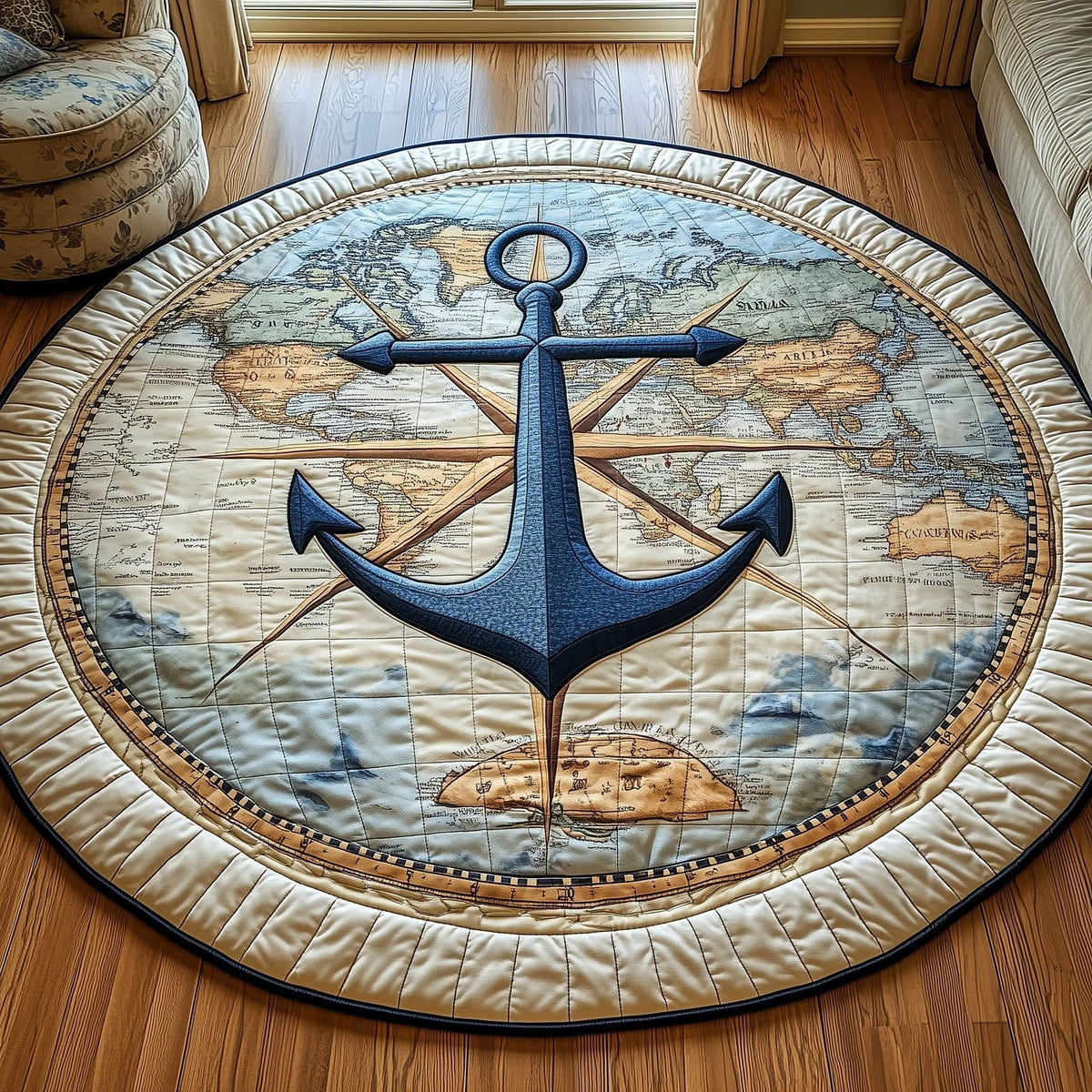 Nautical Anchor Round Mat Rug - washable non-slip printed rug