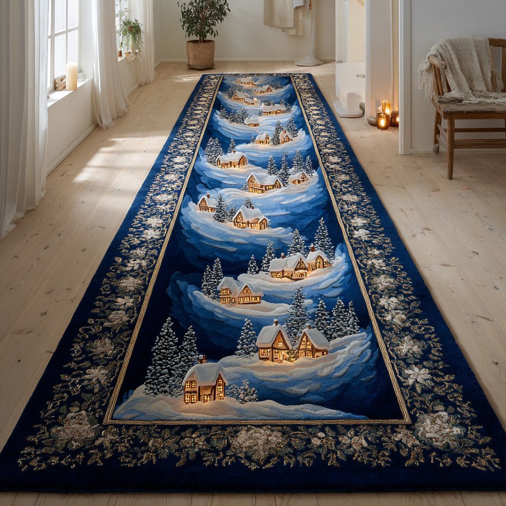 Navy Christmas Village Runner Carpet Runner Rug - Cute Pet Design | Animal Printed Runner Rug