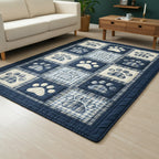 Navy Gingham Love Paw area rug in a living room