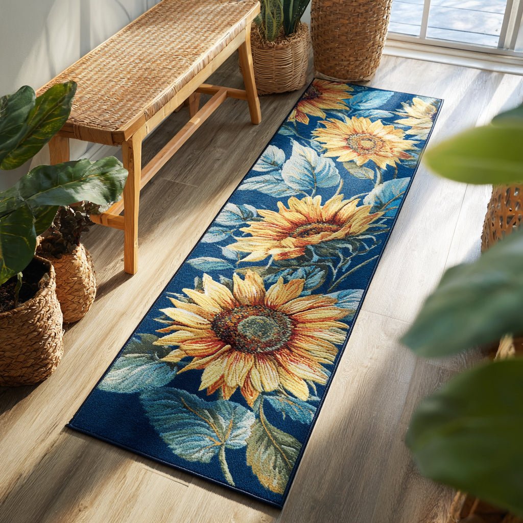Navy Sunflower Scroll Runner Carpet Runner Rug - Cute Pet Design | Animal Printed Runner Rug