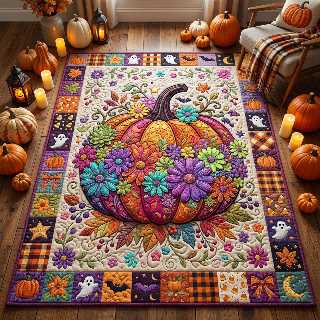 Neon Floral Pumpkin area rug in a living room