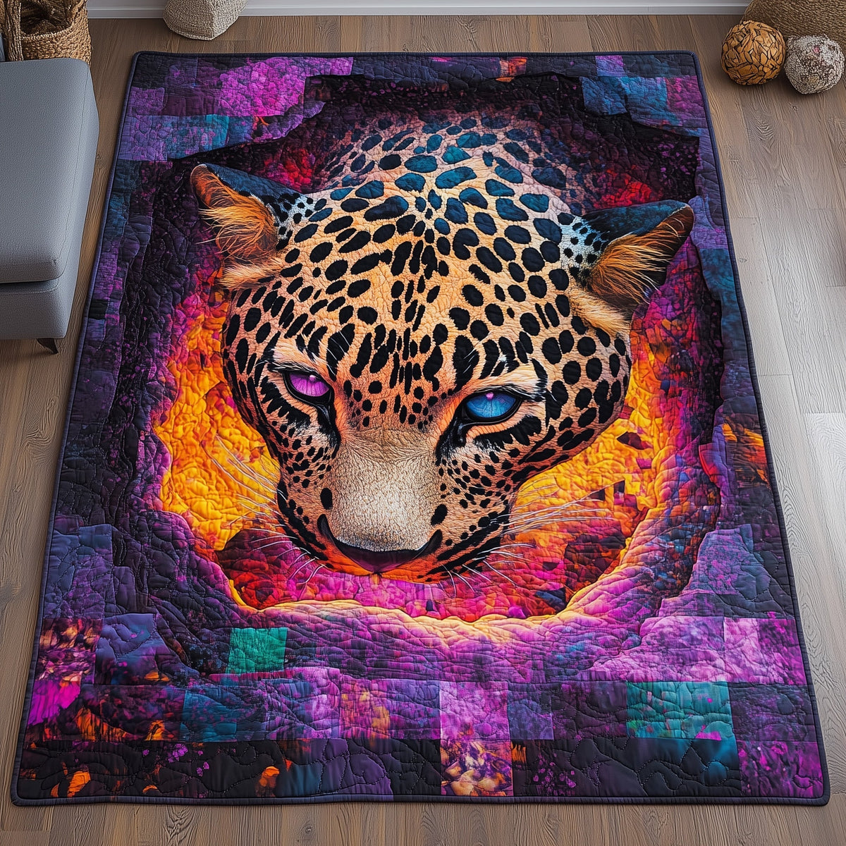 Neon Leopard area rug in a living room