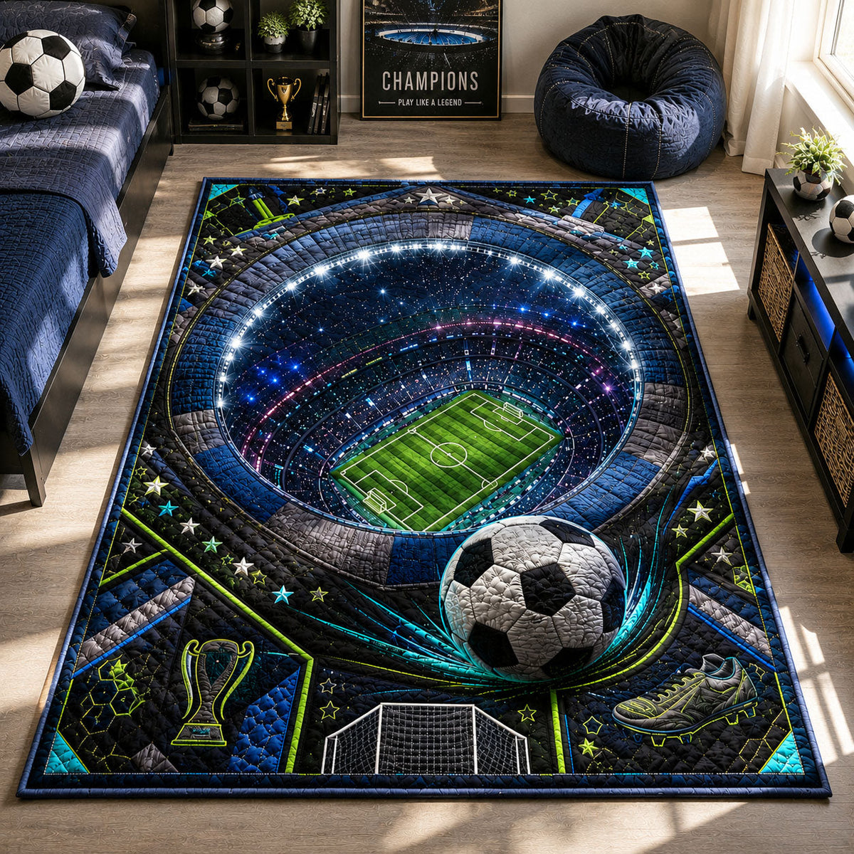Neon Night Match Arena area rug in a living room