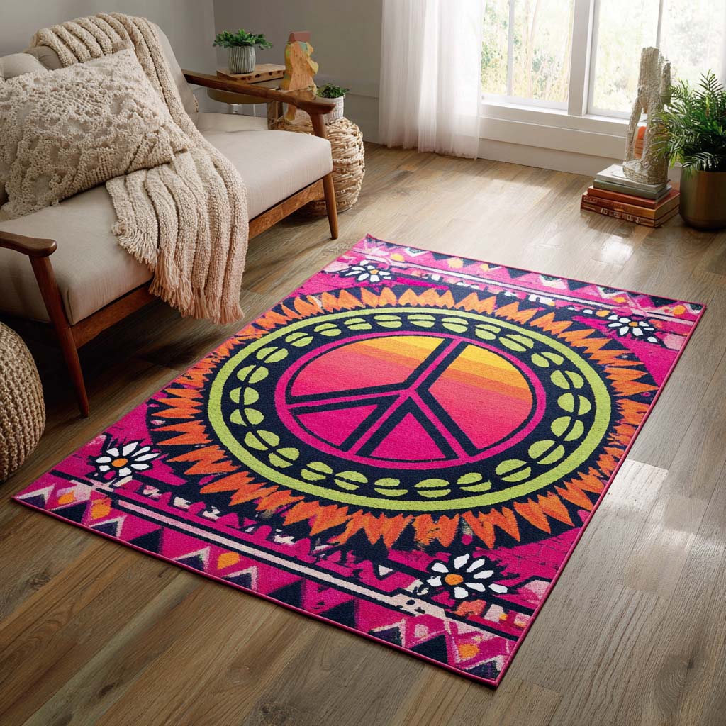 Neon Peace Mandala area rug in a living room
