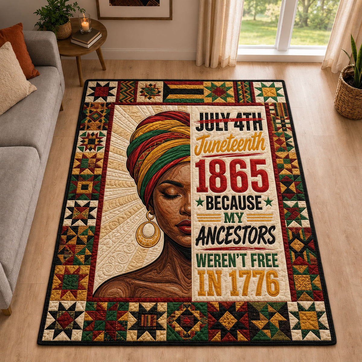 Never Free Until 1865 area rug in a living room