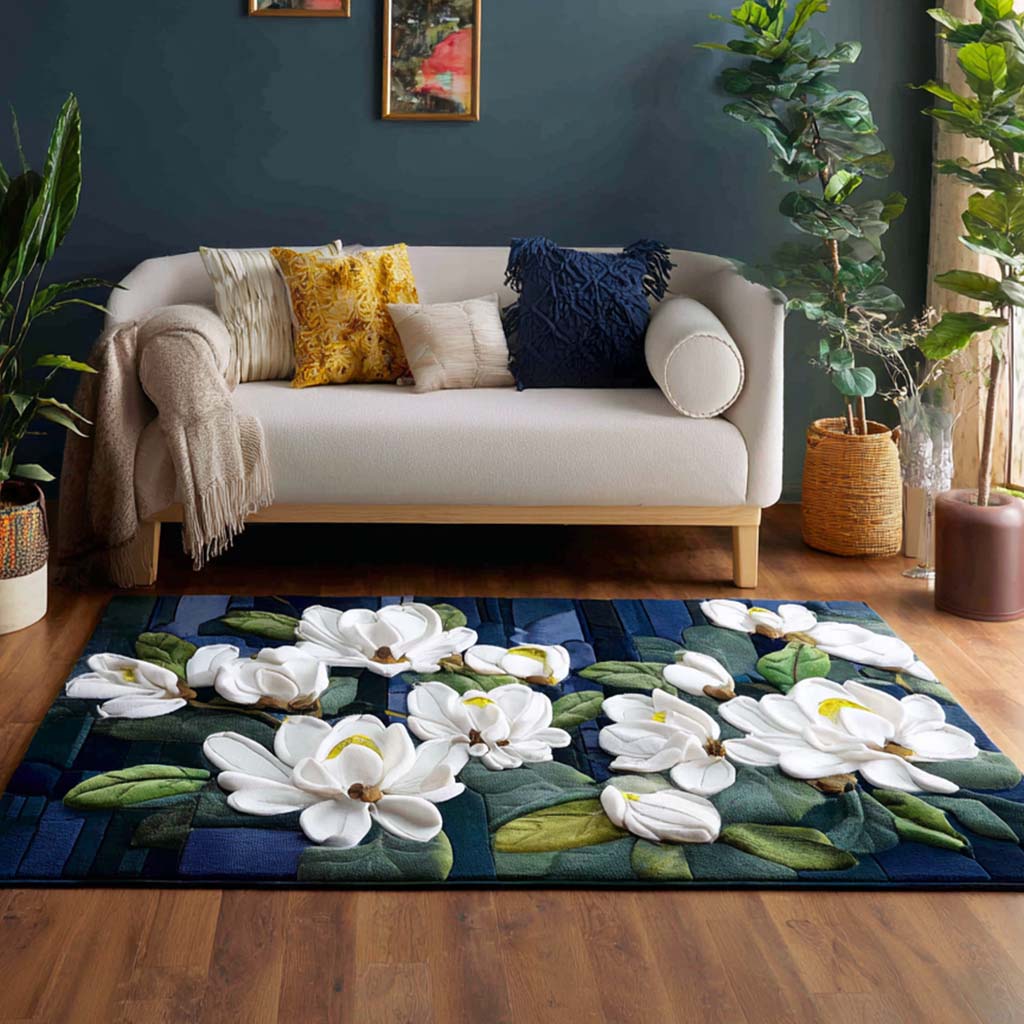Night Bloom area rug in a living room