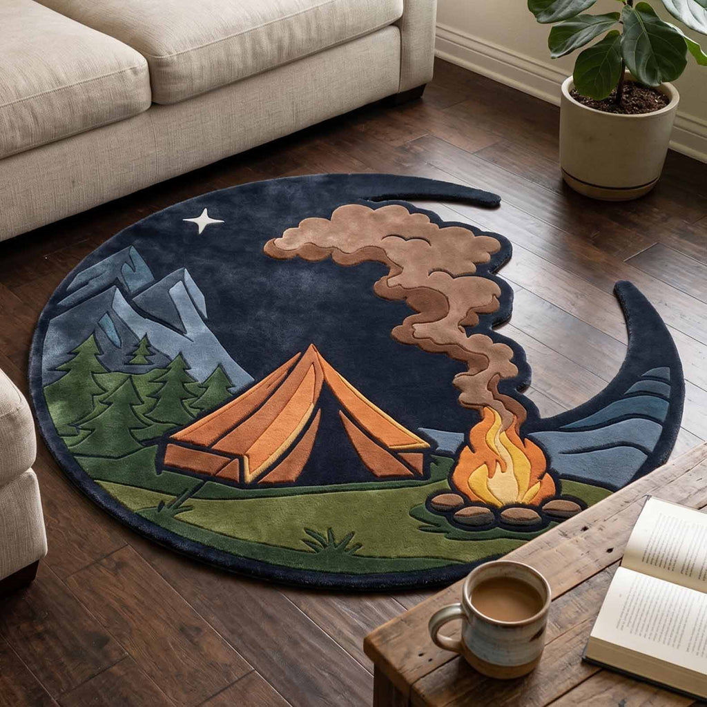Night Camp Custom Shape Area Rug - Nature Design | Die-Cut Non-Slip Rug - washable non-slip printed rug