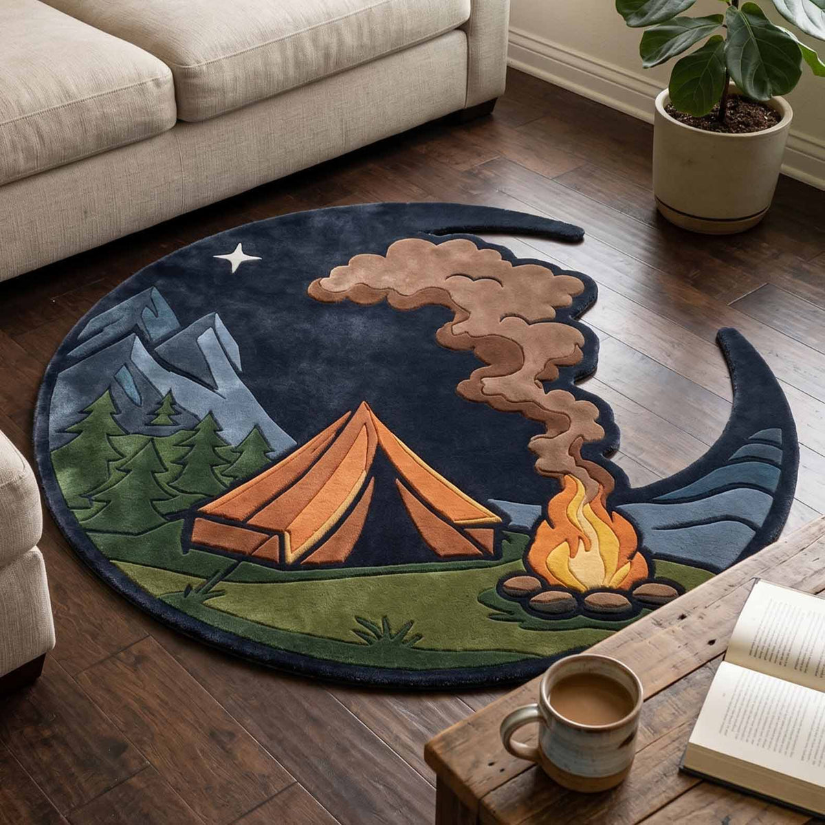 Night Camp Custom Shape Area Rug - Nature Design | Die-Cut Non-Slip Rug - washable non-slip printed rug