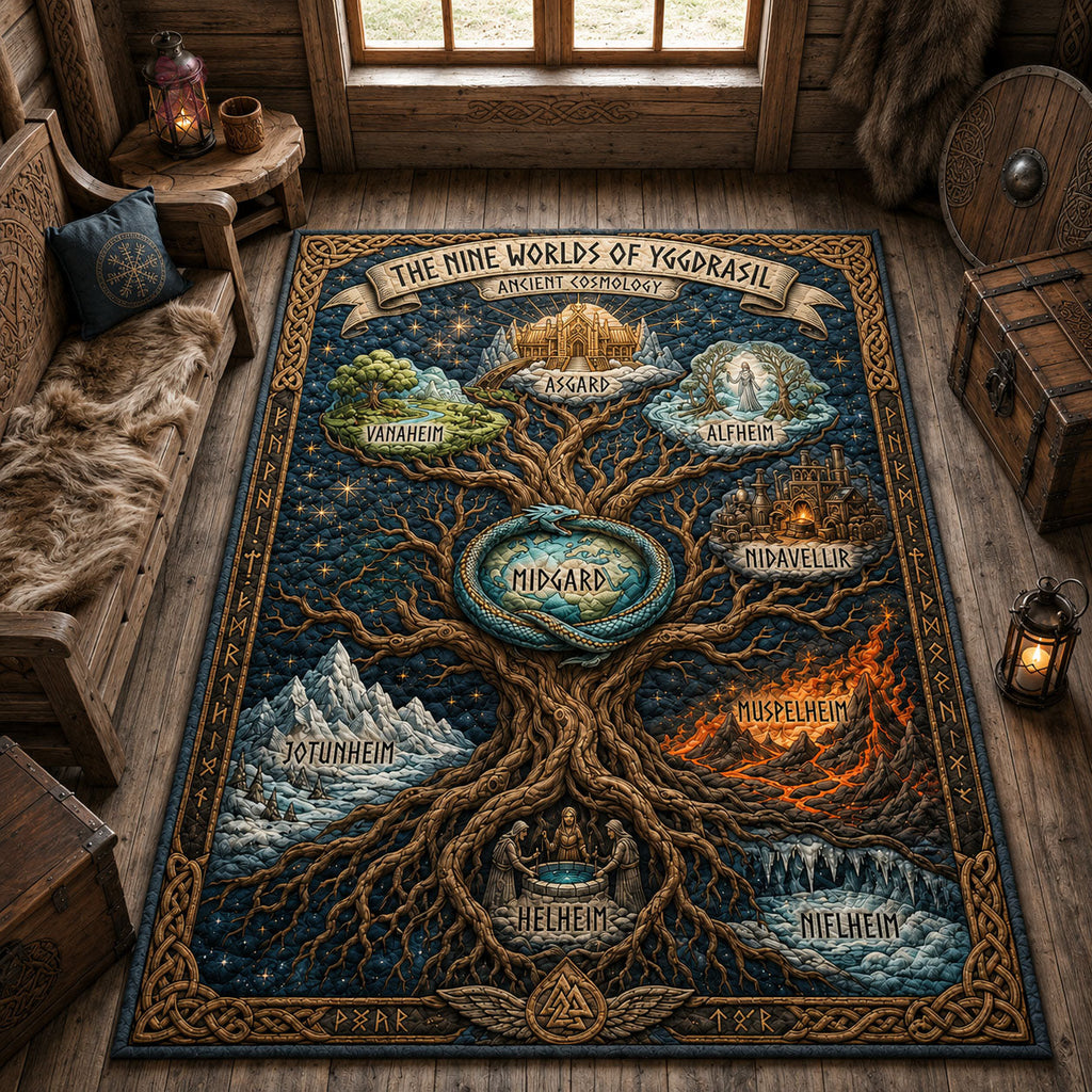 Nine Worlds Of Yggdrasil area rug in a living room