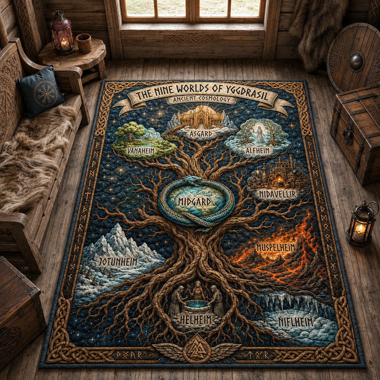 Nine Worlds Of Yggdrasil area rug in a living room