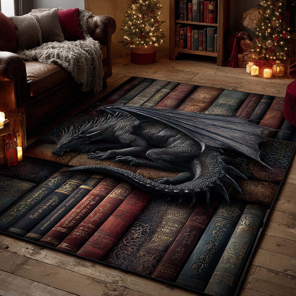 Nocturne Shadow Dragon area rug in a living room