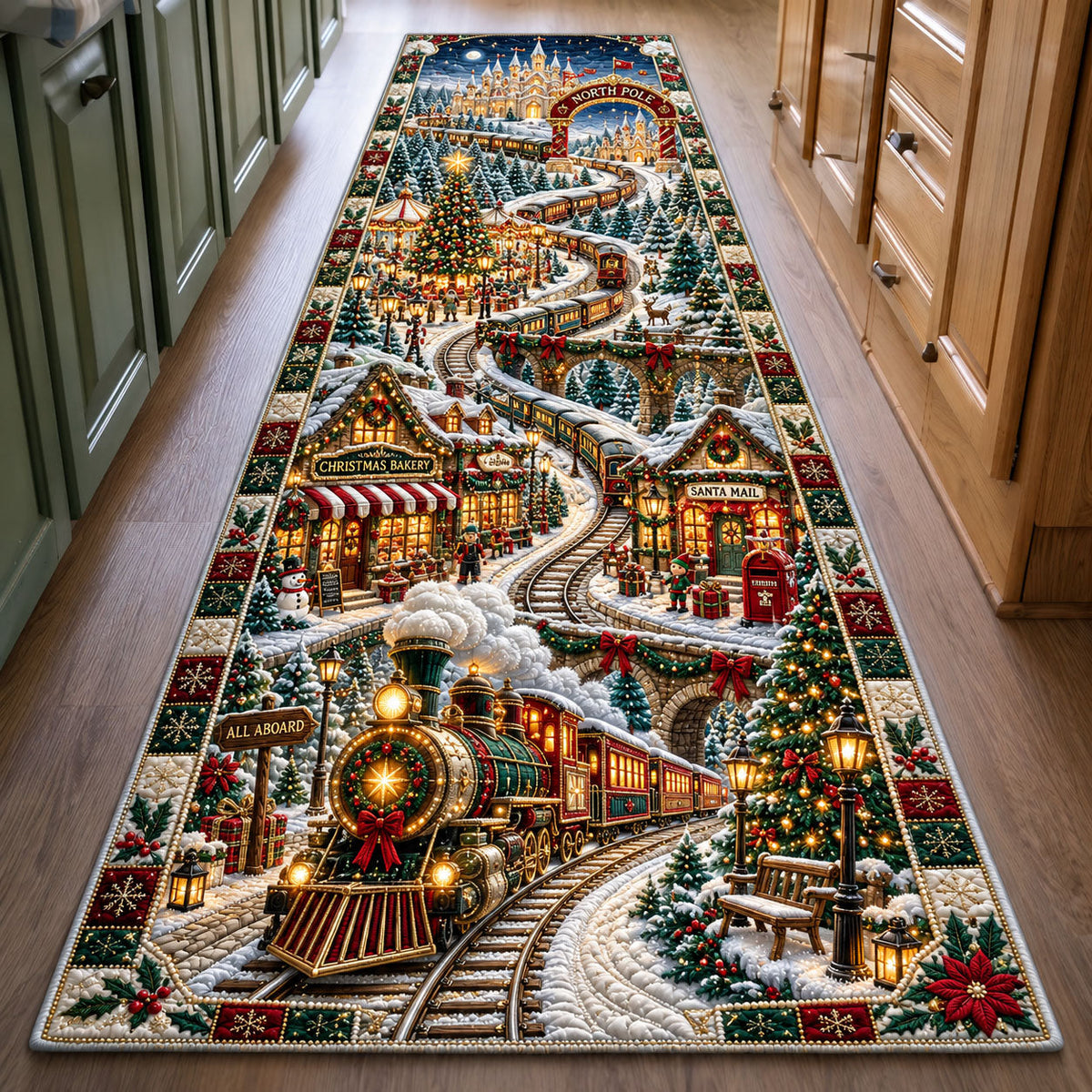 North Pole Christmas Train Runner Rug - Seasonal Design | Festive Runner Rug - washable non-slip printed rug