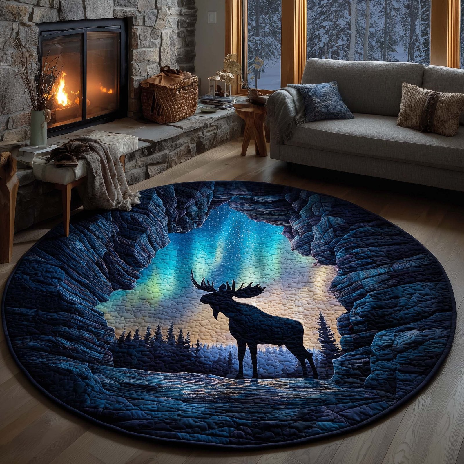 Northern Lights Moose Round Mat Rug - Nature Design | Serene Home Decor