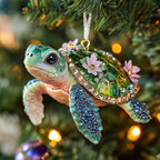Jeweled Floral Sea Turtle Christmas Ornament