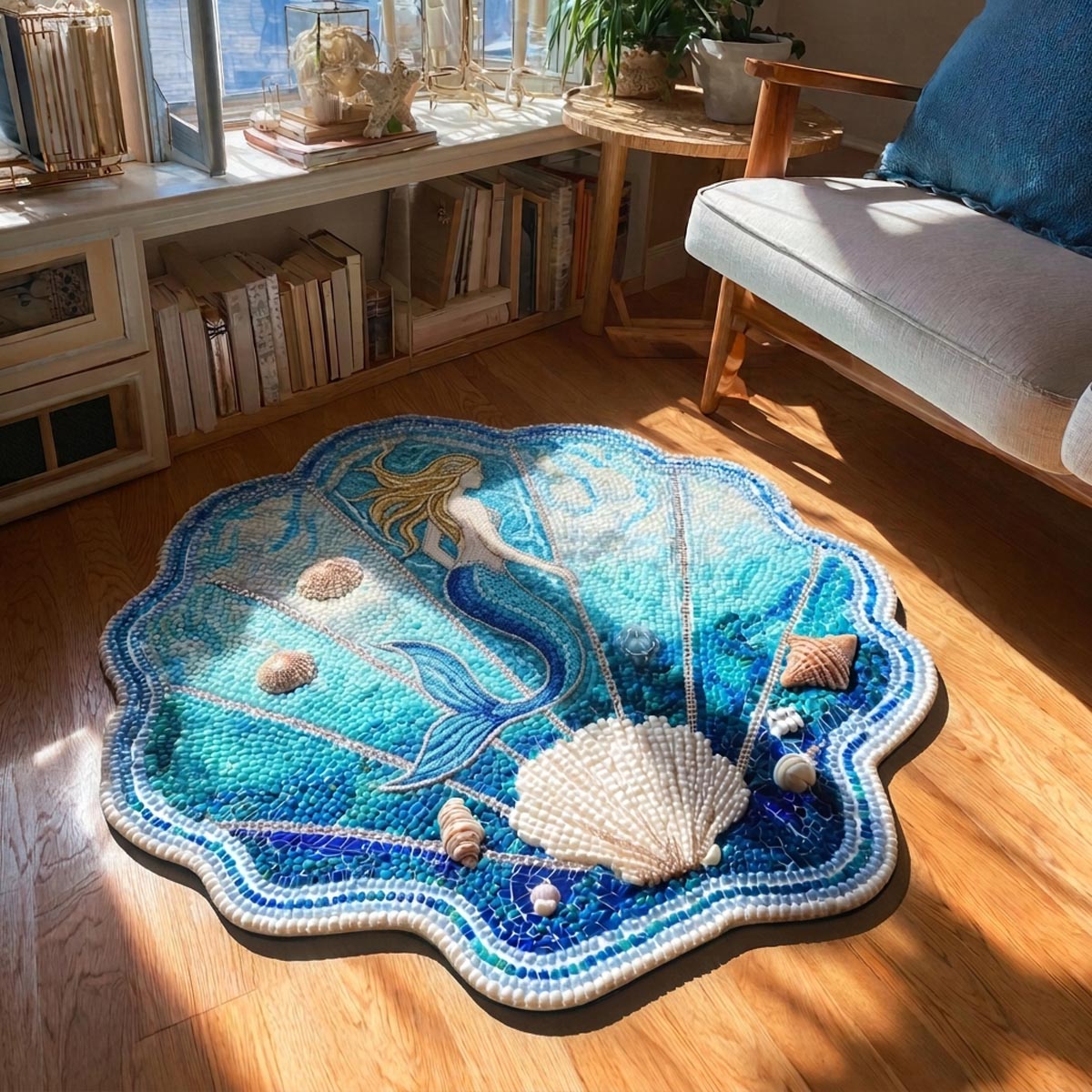Ocean Bloom Custom Shape Area Rug - Coastal Design | Die-Cut Non-Slip Rug - washable non-slip printed rug